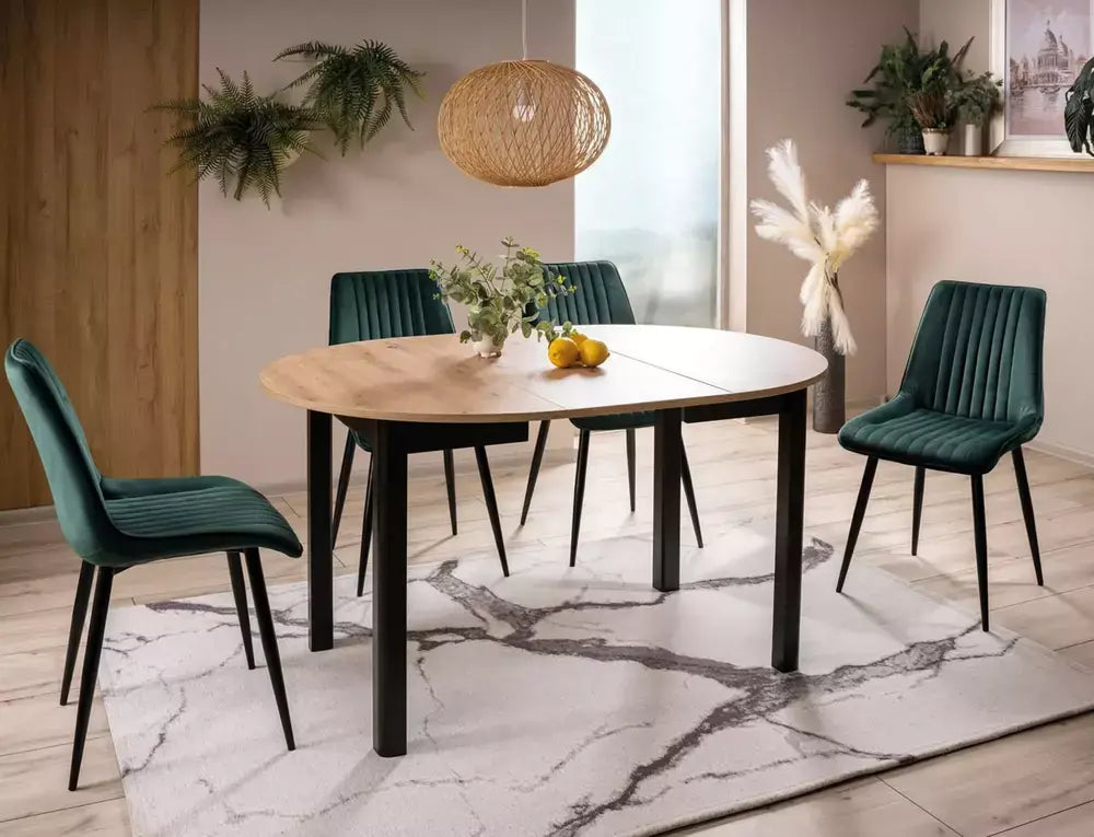 Masă dining extensibilă rotundă DANTE stejar Artisan/negru mat Ø102 (102-144)
