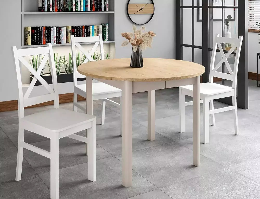 Masă dining extensibilă rotundă DANTE stejar Cremona Torro/cașmir Ø102 (102-144)