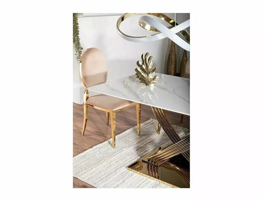 Masă dining extensibilă HERMES alb efect marmură/auriu 160x90