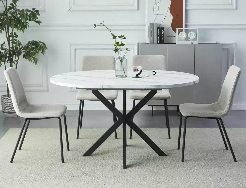Masă dining extensibilă GASTON alb efect marmură/negru mat 100(135)x100
