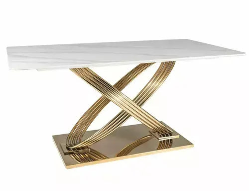 Masă dining extensibilă HERMES alb efect marmură/auriu 160x90