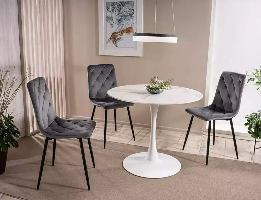Masă dining rotundă ESPERO alb efect marmură/alb Ø90