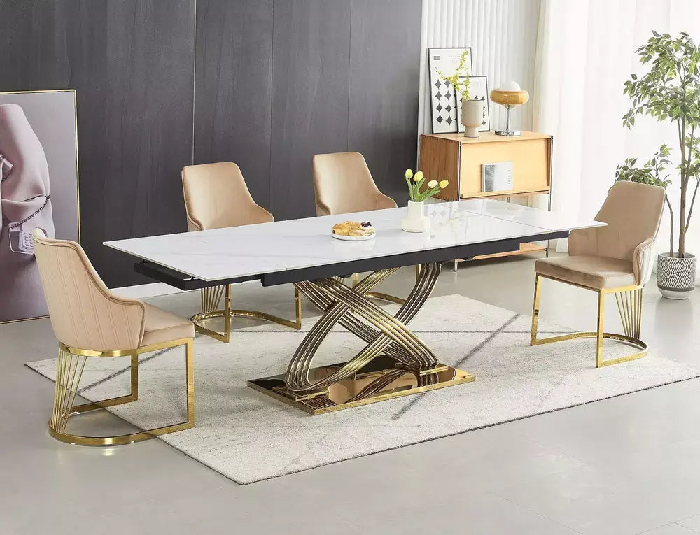 Masă dining extensibilă HERMES II alb efect marmură/auriu 160(240)x90