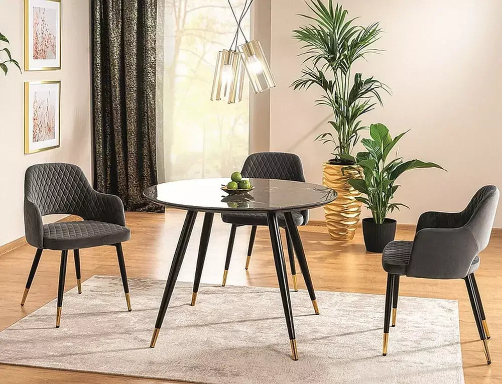 Masă dining rotundă CYRYL II negru efect piatră/negru/auriu Ø100