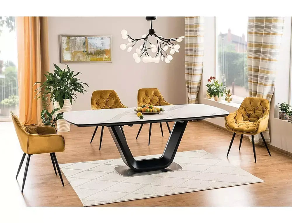 Masă dining extensibilă ARMANI Ceramic alb efect marmură/negru mat 160(220)x90