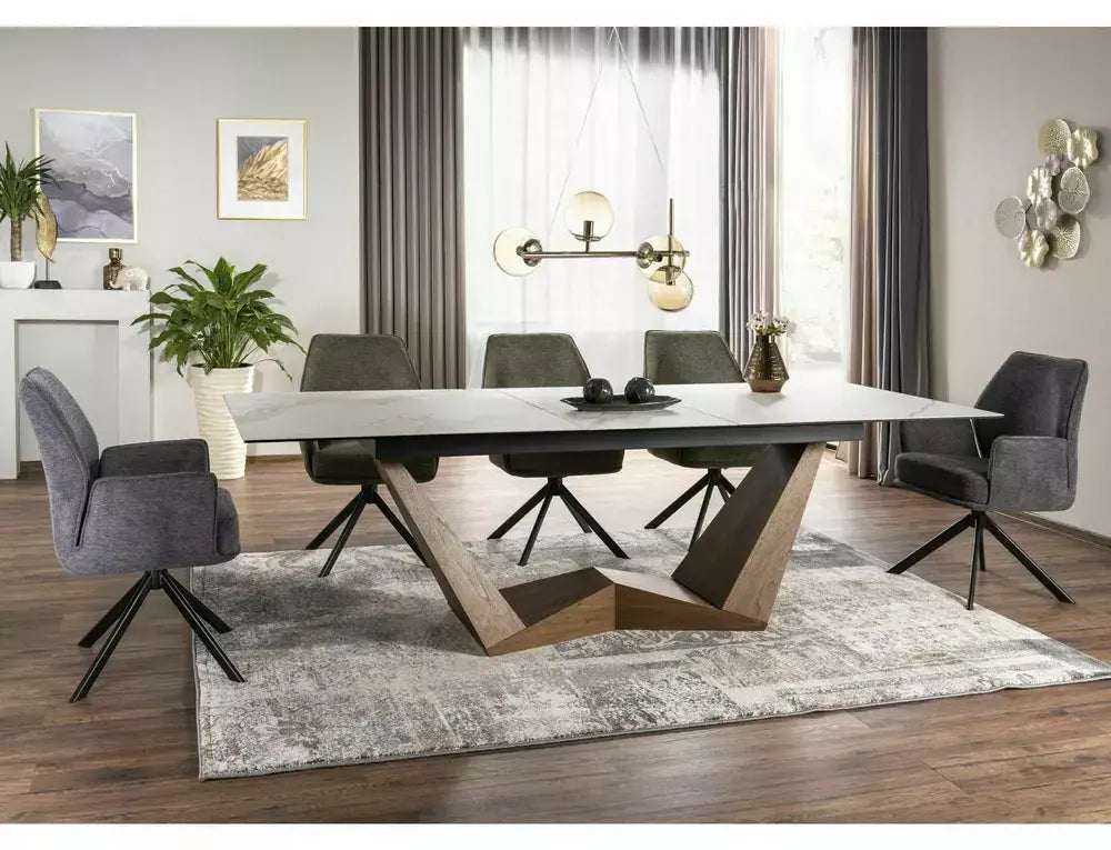 Masă dining extensibilă BONUCCI Ceramic alb Statuario Venato/nuc (200-250)x98